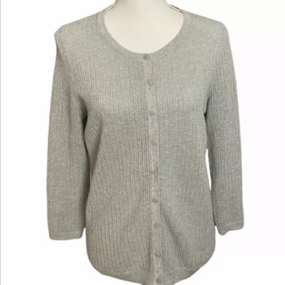 Talbots Cardigan Sweater Pima Cotton Gray Shimmer Button S/M Classic Elegant